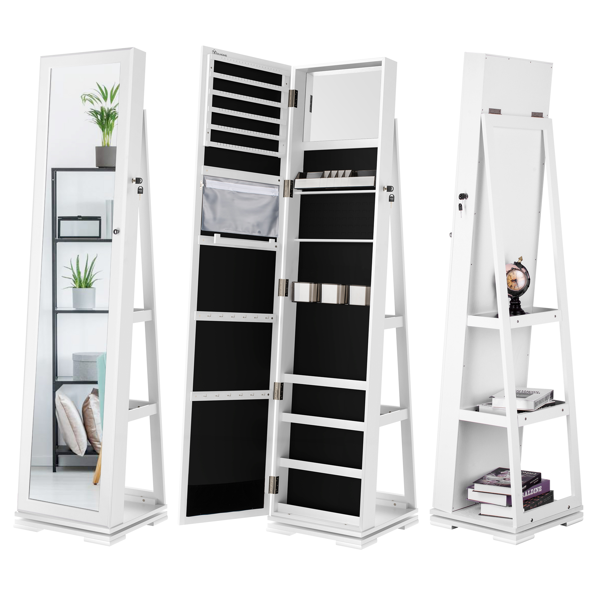 Uforic 360 Spinning Lockable Jewelry Armoire with Free-Standing Mirror, White