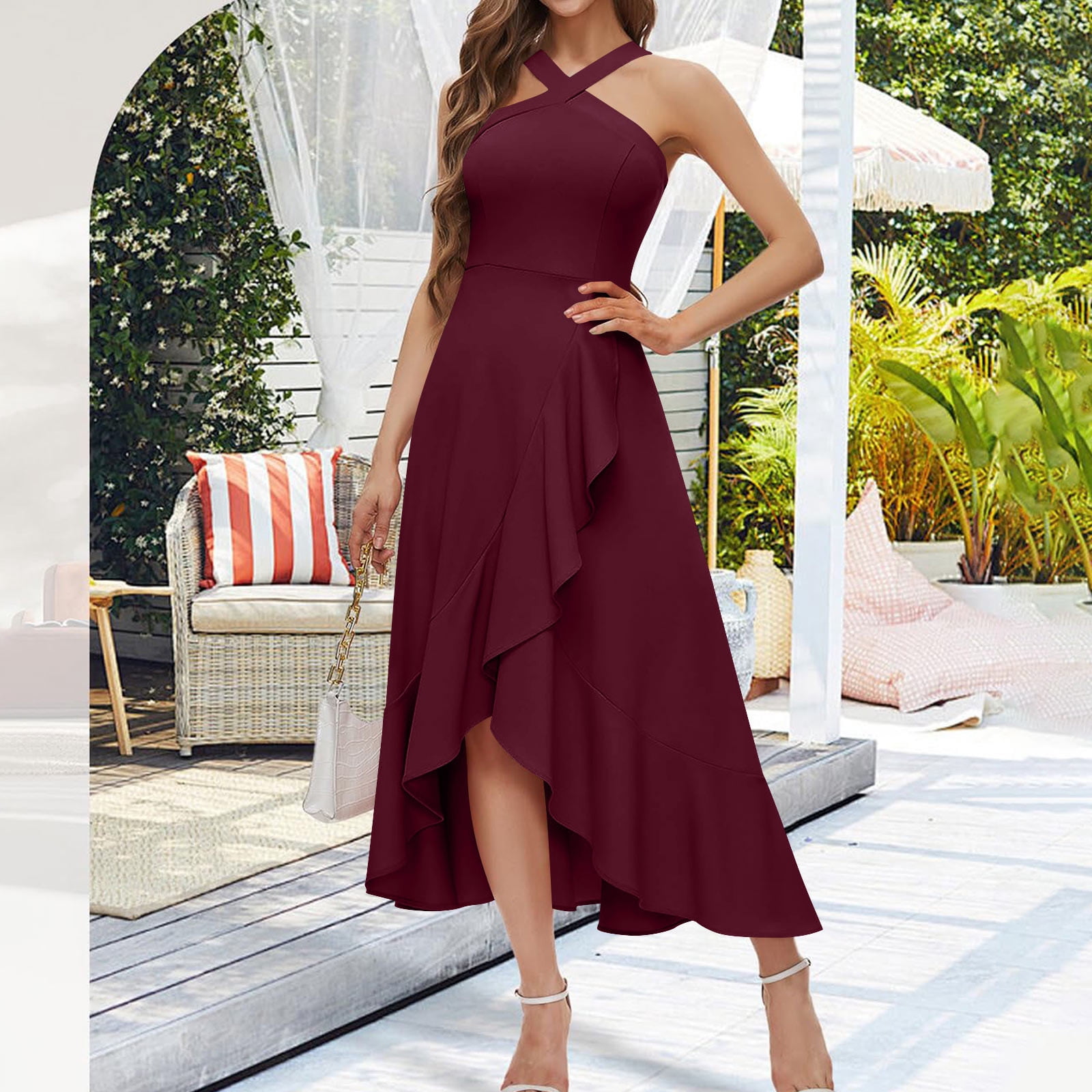 Oplxuo Halter Cocktail Women Dresses Prom Formal Wedding Bridesmaid Dress Ruffled Maxi Hi-Lo Evening Party 2025 Dress