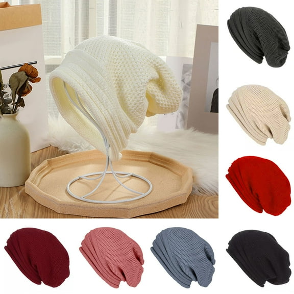 Soumake Unisex Fall Winter Hat Baggy Solid Color No Brim Knitted Elastic Soft Warm Regular Fit Washable Warm Cozy Windproof Women Men Cap Beanie