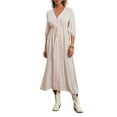 thumbnail image 2 of Caoirhny Women's Summer Embroidered Dress 3/4 Sleeve V-Neck Tie Tunic Waist Long Dress for Beach, Party, 2 of 9