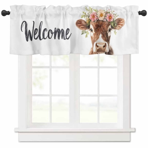 Spring Cow Valances for Windows Farmhouse Kitchen Curtains Valances Rod Pocket Valance Curtains for Kitchen Windows Cute Wildflower Floral Botanical Blooms Window Valances for Bathroom 54"x18"