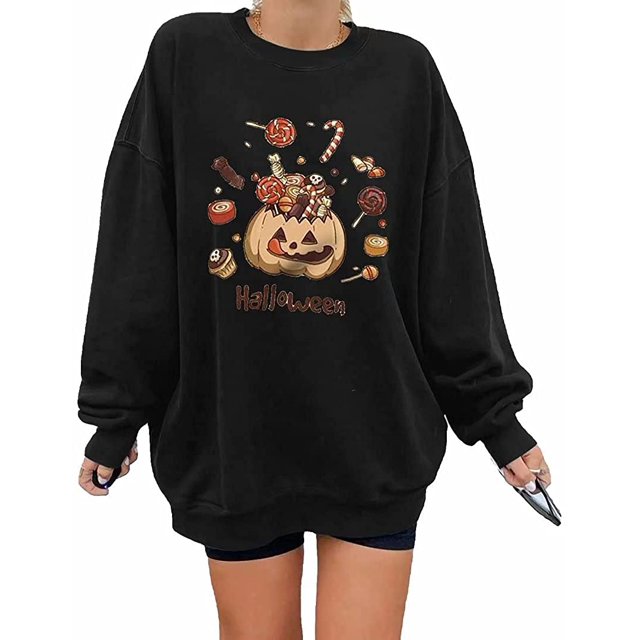 Pullovers d'Halloween pour Femmes Manches Longues Chandails en Molleton Squelette Drôle Citrouille