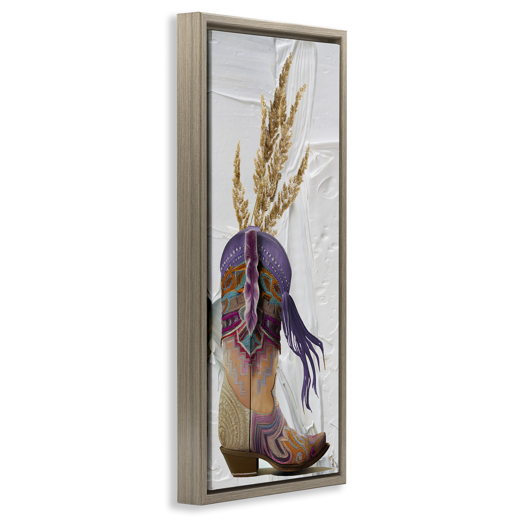 Stupell Industries Cowboy Boot & Wheat Botanical & Floral Painting Brown Floater Framed Canvas Art Print Wall Art, 11 x 25