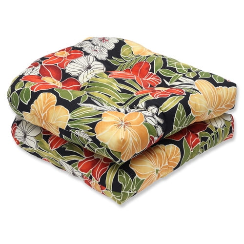 Pillow Perfect Indoor/Outdoor Black/Yellow Floral Wicker Seat Cushions 2-Pack 