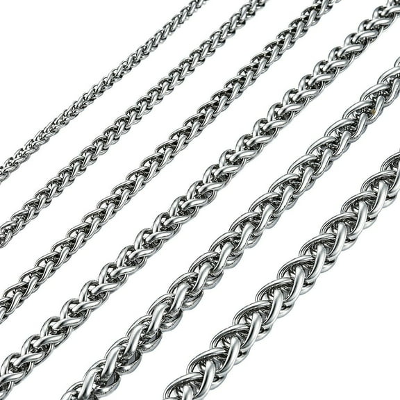 Stainless Steel Silver Wheat Braided Chain by INFINIQUE CREATIONS - Bracelet and Silver Necklace for Women and Men, 3mm-8mm, 7'-38', Silver - 1 Pack