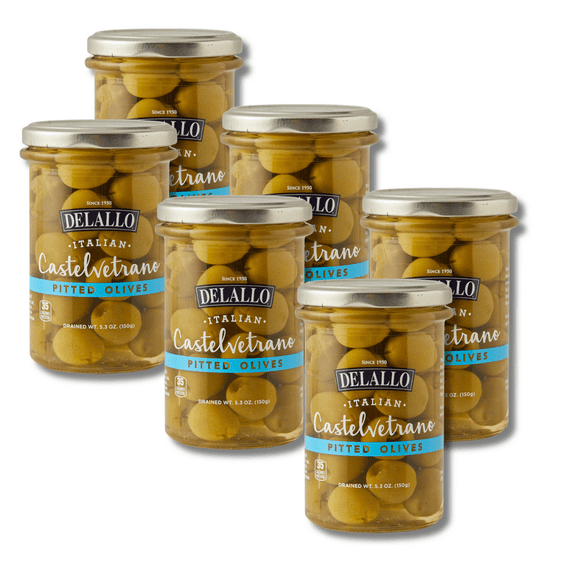 DeLallo Pitted Castelvetrano Green Olives, Non-GMO, Kosher, 5.3 oz Jar, (6 Pack)