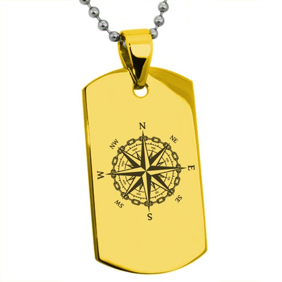 Stainless Steel Nautical Chaim Compass Engraved Dog Tag Pendant Necklace