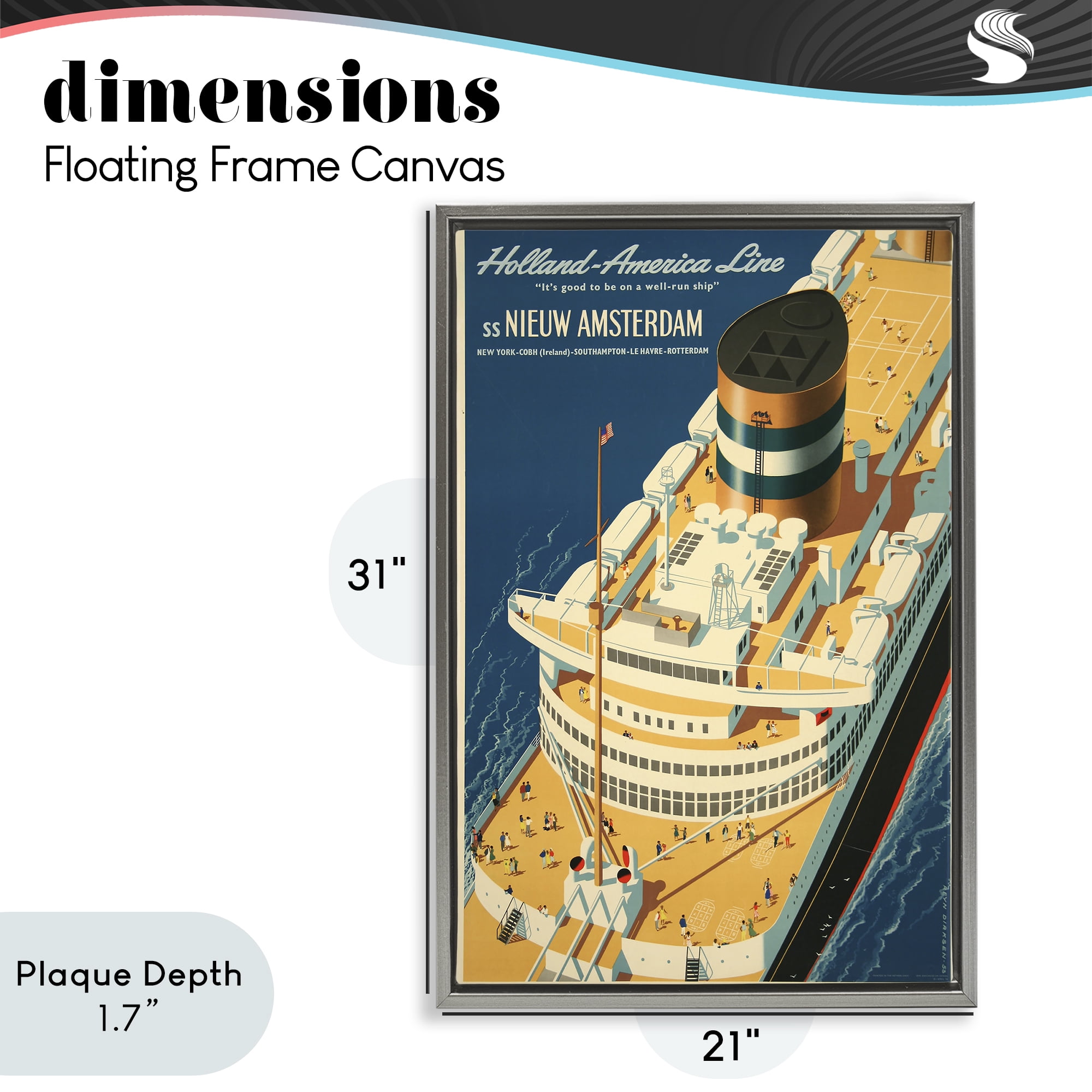 Stupell Industries Nieuw Amsterdam Cruise Ship Gray Framed Floater Canvas Wall Art, design by Vintage Posters