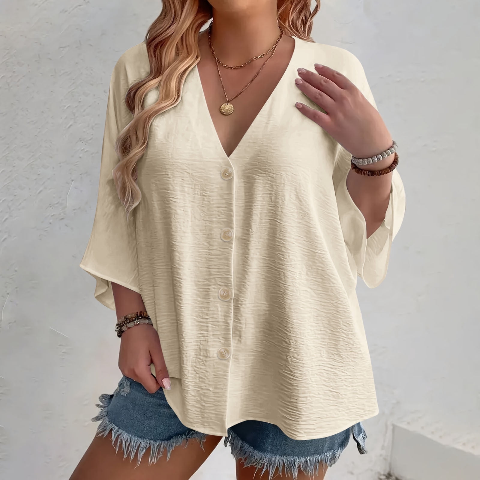 Button-Down Shirts for Women Plus Size L-4X Lightweight 3/4 Sleeve Blouses Tops Womens Casual Solid Color Loose V Neck Beach Cover Ups Tees Top