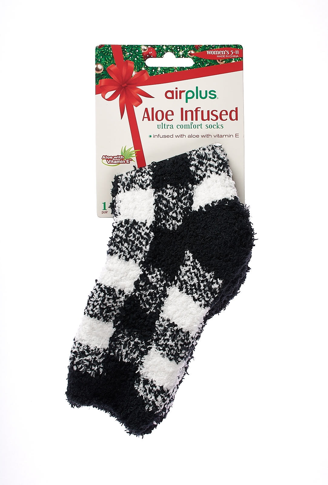 Airplus Holiday Aloe Infused Spa Crew Socks, Black Check Me Out,  Women's Medium 5-10