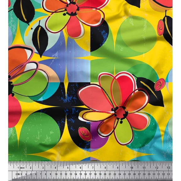 Soimoi Silk Fabric Colorful Flowers Clip Art Decor Fabric Printed Yard 42 Inch Wide