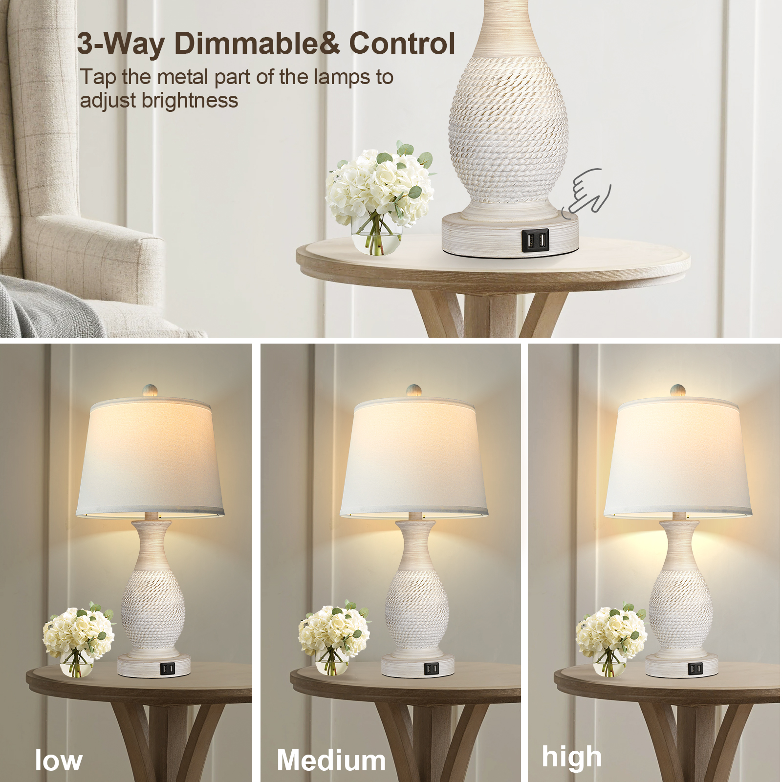 Partphoner Washed White Touch Control Table Lamp Set of 2, Resin Rustic Farmhouse Bedside Lamps