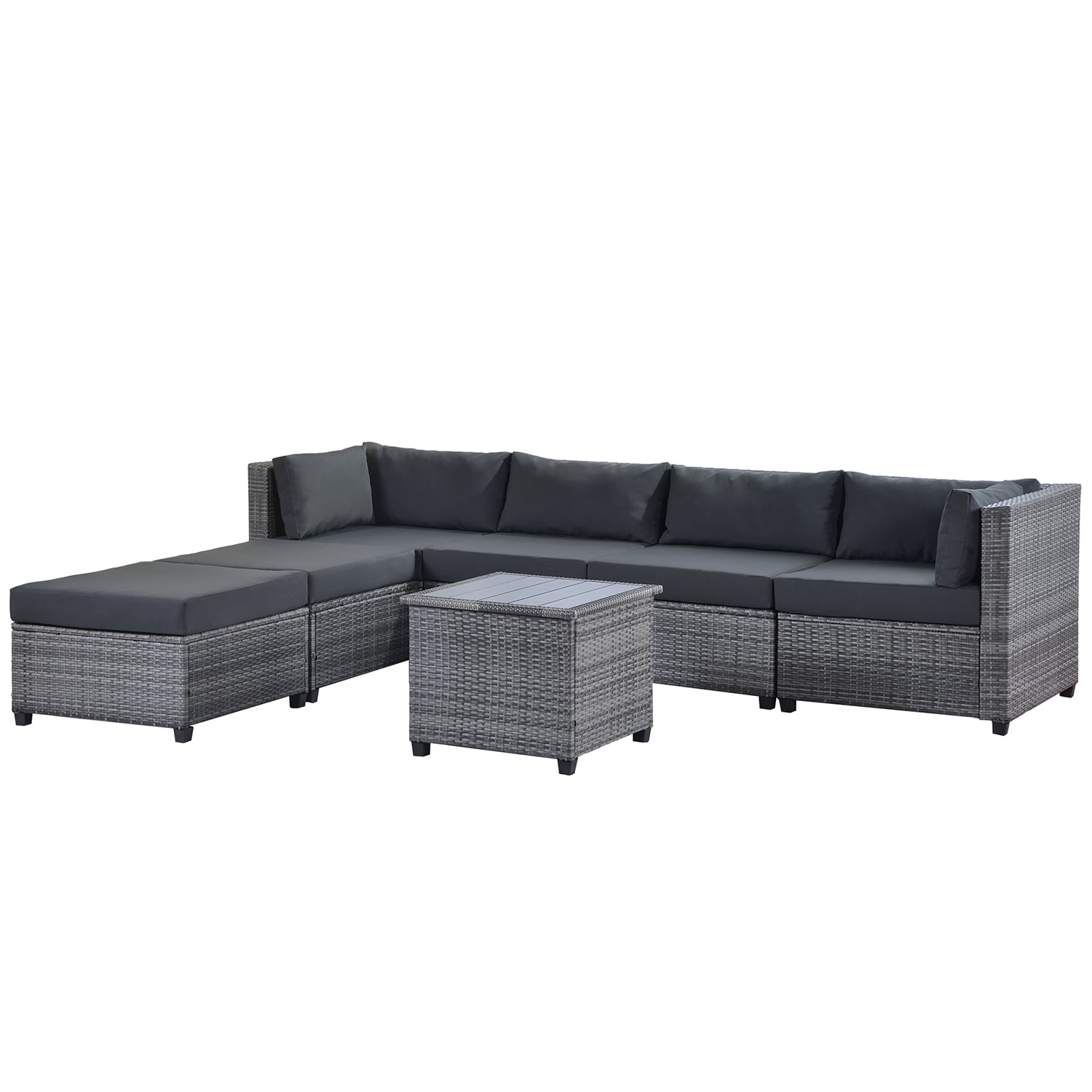 Kadyn 7 Piece Rattan Sectional Seating Group, Outdoor Conversation Sofa Set, Outdoor Ratten Sofa NEW with Cushions and Table, Gray