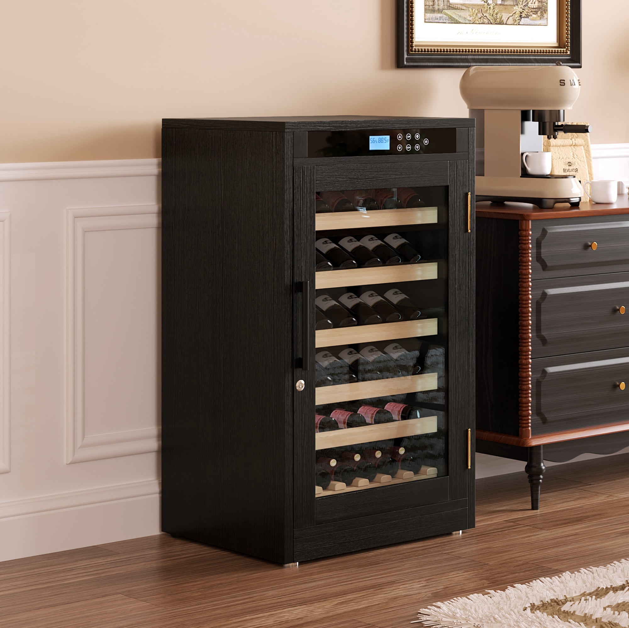 69-Bottle Freestanding Black Wine Fridge | Touch screen control, light-blocking glass, and precise temp regulation for optimal aging