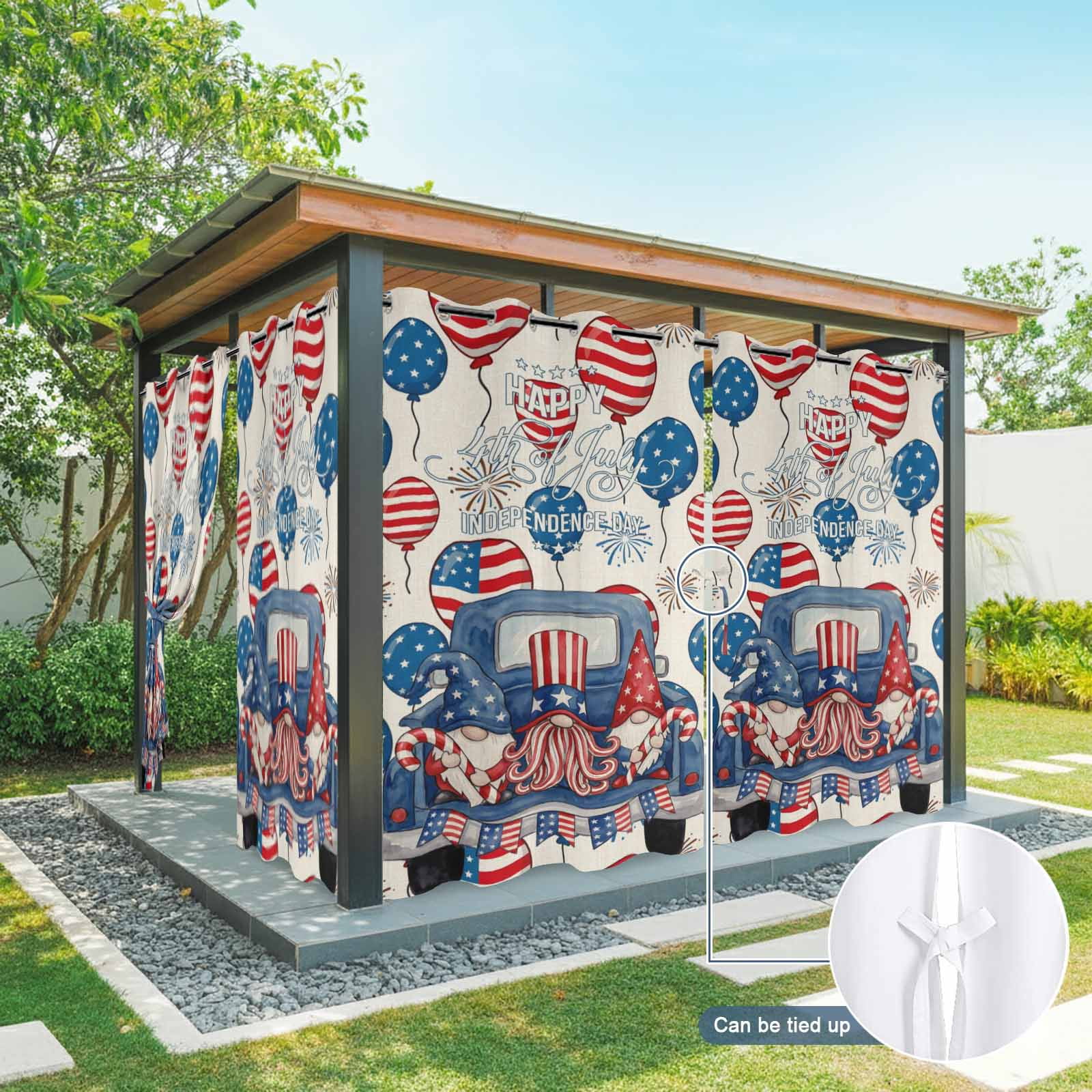 Independence Day Outdoor Curtains for Patio, Watercolor Blue Truck Colorful Balloon Cute Gnomes Sunshade Privacy Drapes Grommet Waterproof Outside Curtains for Porch/Cabana/Balcony 54"x 108", 1 Panel