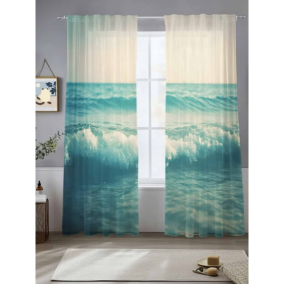 Teal Ocean Waves Retro Sheer Curtains for Living Room Bedroom Summer Beach Coastal Nautical Sheer Curtains 84 Inch Long 2 Panels Set Light Filtering Curtain Window Treatments Drapes for Dining Room
