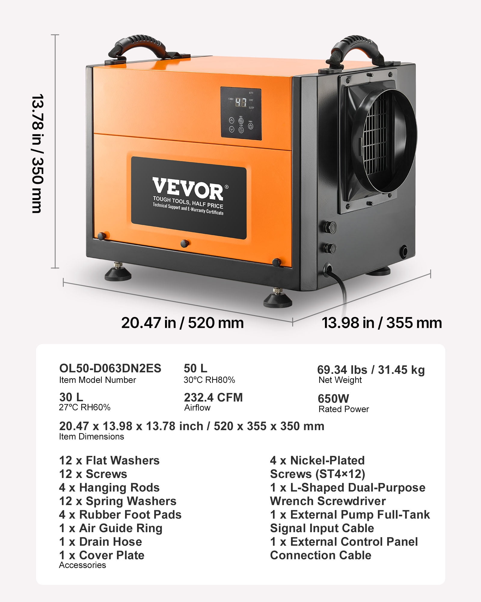 VEVOR 125 Pints Commercial Dehumidifier with Drain Hose, Portable Crawl Space Dehumidifiers for Basement Storage Room Industrial Grade, Auto Defrost/Drainage, Heavy-duty Galvanized Steel,LED Indicate