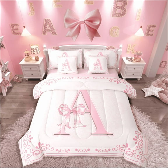 Castle Fairy Monogrammed Letter 7-Piece Twin Bedding Sets,Chic Flower Bedding Comforter Set,Kawaii Bow Breathable Sheet Sets,Microfiber Girls Bedroom Decor,Reversible
