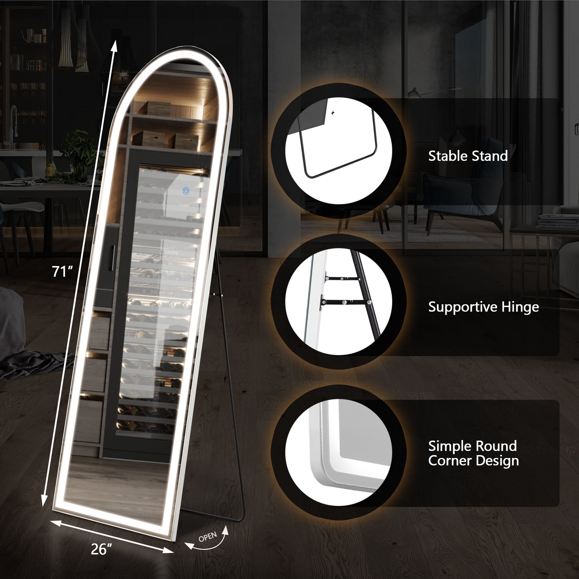 GIANNA 71"x26" LED Arched Full Length Mirror with Aluminum Frame and Polished Glass for Bedroom