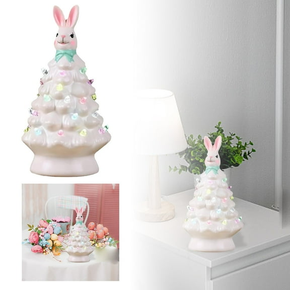 2025 Lighted Easter Bunny Ceramic Tabletop Tree, 5.9 Inch Rabbit Figurine with Colorful Lamp Beads & Bunny Ears, Spring Easter Holiday Decor & Night Light for Home