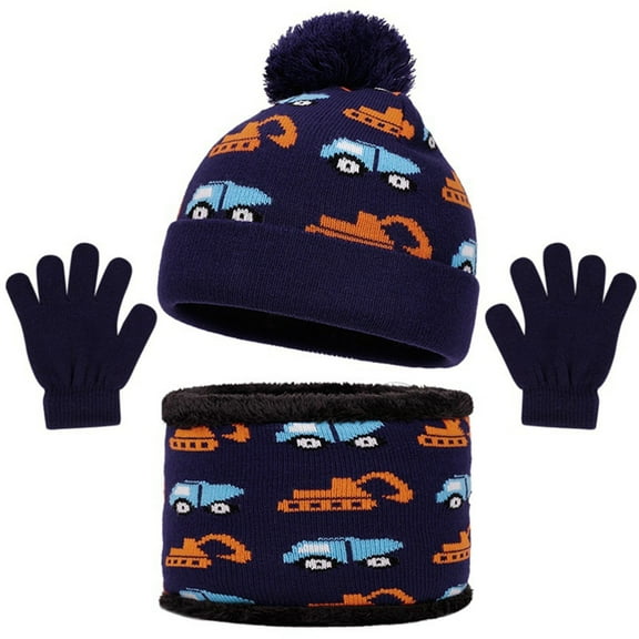 Yuanlong Kids 3-Packs Sets Winter Neck Warmer Pom Beanie Touchscreen Gloves Car Printed Knit Suits Children Hat 3 In 1 Set