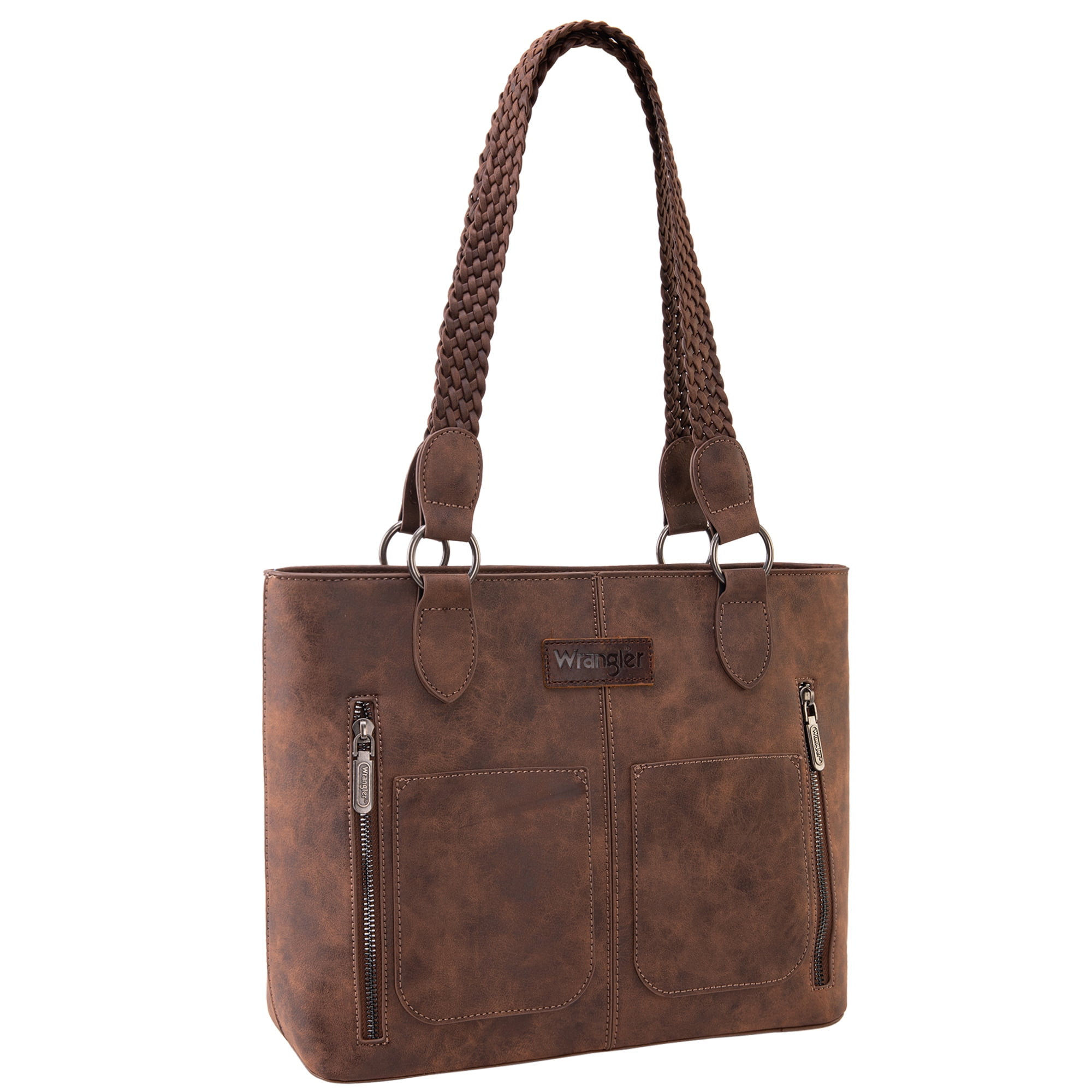 Wrangler Distressed Tote Bag for Women Western Purse Multi Pockets Handbags and Shoulder Bag, Braided-coffee Bean