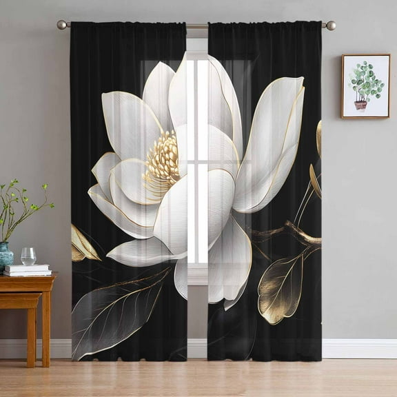 Gorgeous Flowers Sheer Curtains 96 Inches Long 2 Panels Set, Window Sheer Curtains for Living Room/Bedroom, White Gold Floral Botanicals Black Light Filtering Rod Pocket Curtain 52'' x 96'' x 2