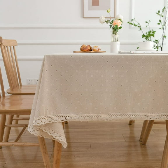 Park Tablecloth Heavyweight Vintage Burlap Cotton Tablecloths for Rectangle Tables, Seats 4 to 6 People (140*180cm Rustic White Daisy Lace)