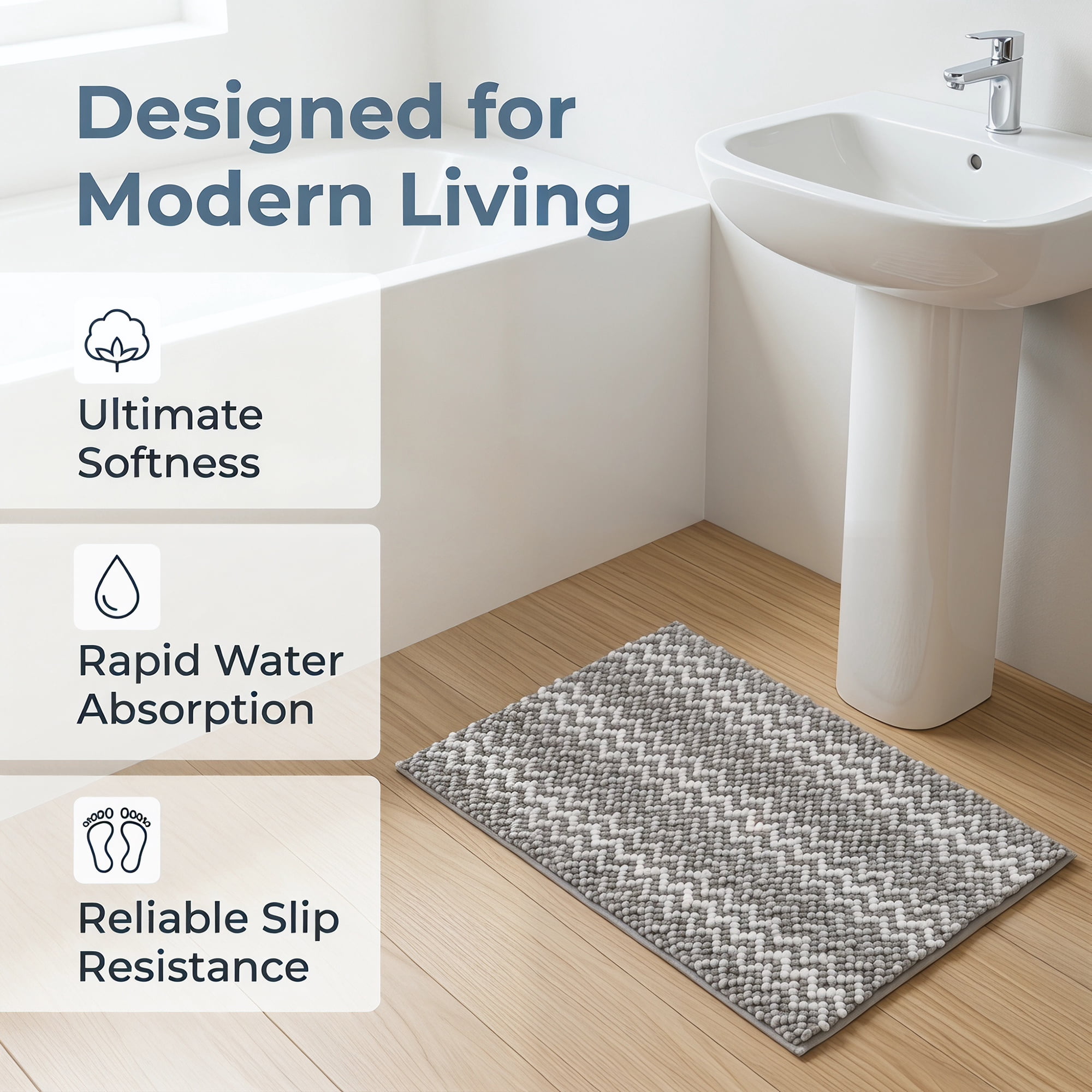 Unique Bargains Ultra Soft Non Slip Machine Washable Chenille Bath Mat Grey 24" x 16"