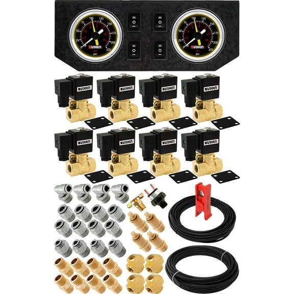 Vixen Air 3/8" NPT Air Ride Suspension High Flow Air Valves/Solenoids 250 PSI Four Corners with Dual Black Gauge, Fittings and Hoses VXK3805GB