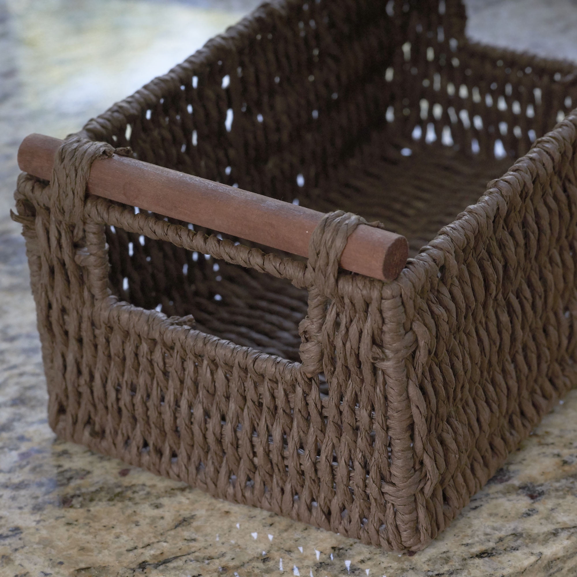 Household Essentials Decorative Woven Baskets Set of 3, Paper Rope with Wood Handles and Metal Frame, Small, Medium and Large, Brown