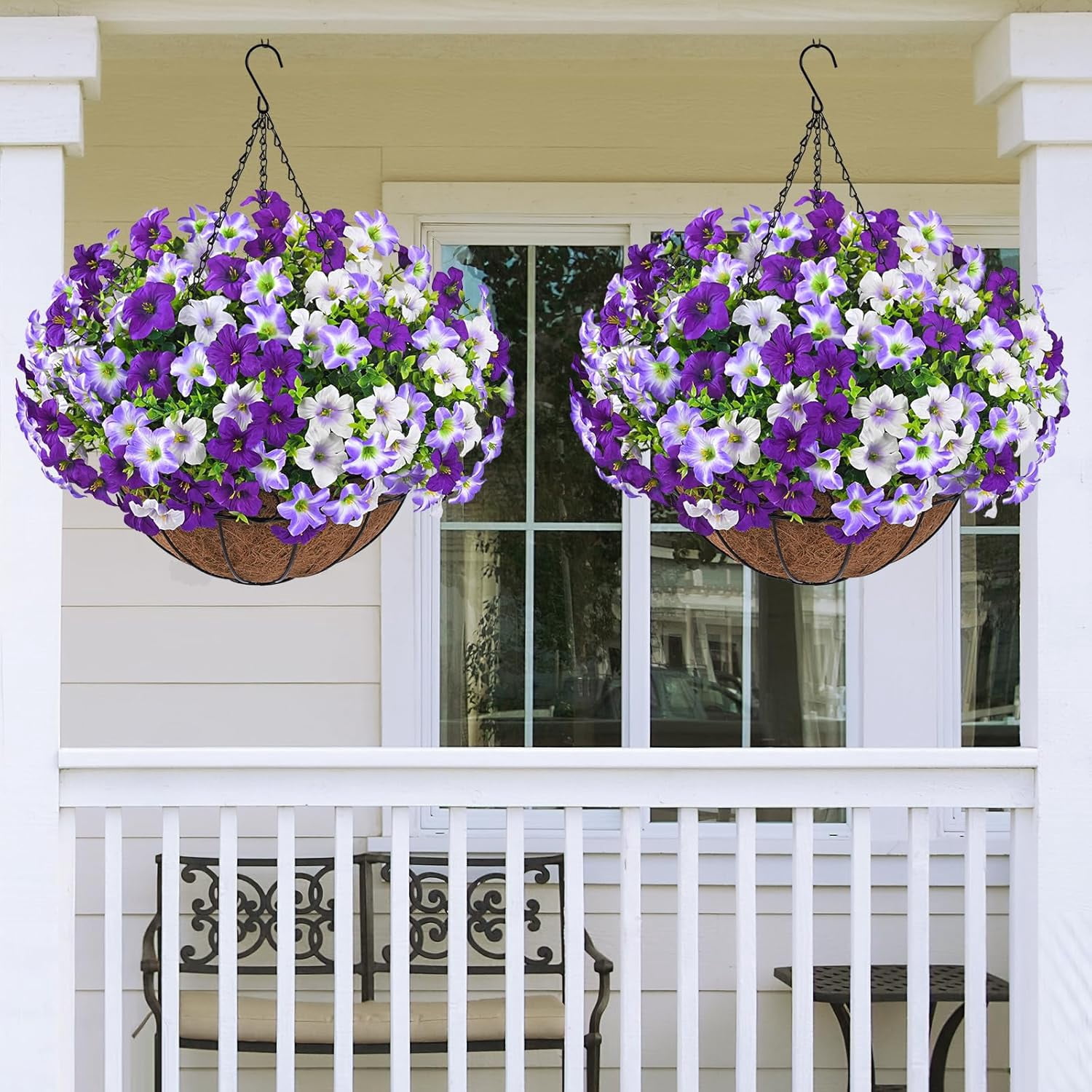 Lyacmy Artificial Hanging Flowers in Basket for Outdoor, UV Resistant Faux Petunias with Eucalyptus Leaves with 20Inch Coconut Lining Chain Flowerpot,Purple White
