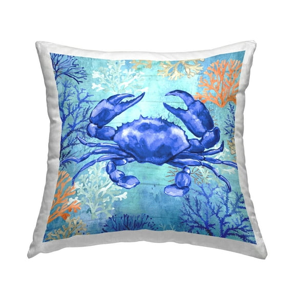 Stupell Industries Blue Crab Coral Pattern Decorative Printed Throw Pillow, 18 x 18