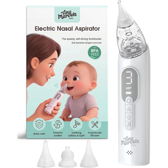 Tiny Marvels Electric Nasal Aspirator for Baby and Toddler, Baby Nose Sucker with 3 Adjustable Suction Levels, 3 Silicone Tips, Soothing Music & Lights, Quiet USB Rechargeable Congestion Relief
