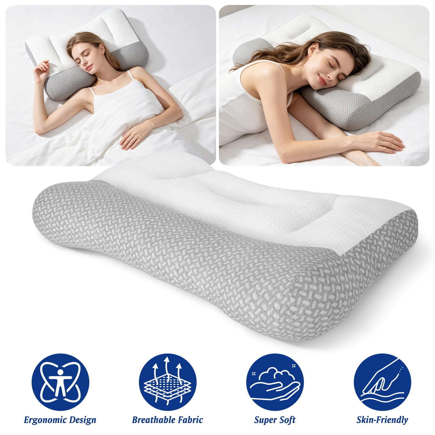 Dual Zone Support Bed Pillow, Ergonomic Pillow with Ear Cutout for Side Sleepers, Breathable Mesh Cover, Down Alternative Fiber Filling