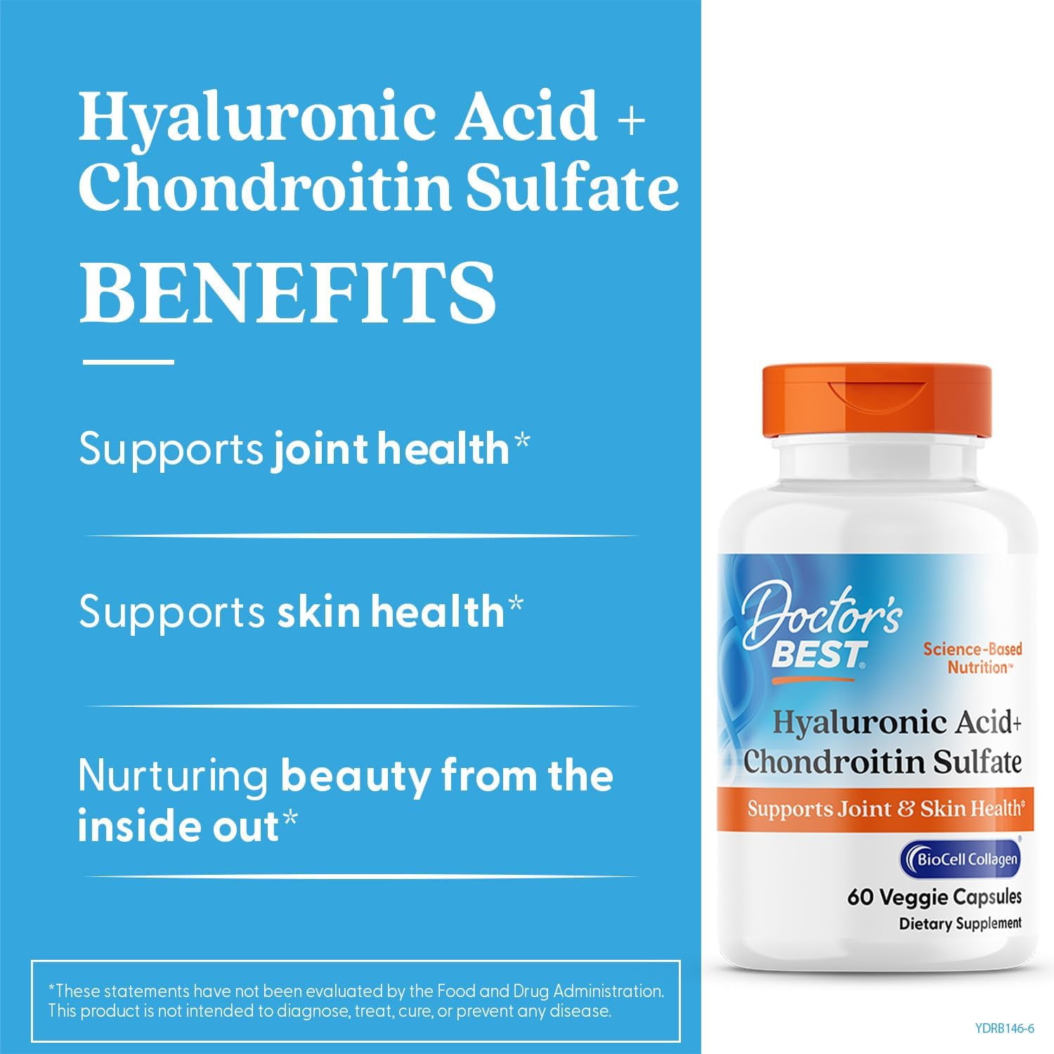 Doctors Best Hyaluronic Acid+ Chondroitin Sulfate, Supports Joint & Skin Health, Non-GMO, Gluten Free, Soy Free 60 Veggie Capsules