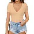 thumbnail image 2 of Xishao Women's Cross Wrap Ruched Deep V Neck Short Sleeve/Long Sleeve Shirt Bodysuit Jumpsuit Xishao ropa, 2 of 2