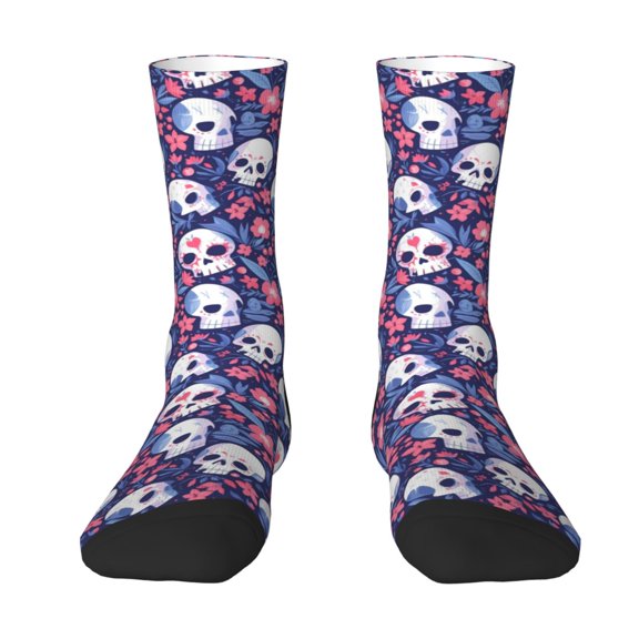 Uemuo Skull cartoon flower Pattern Women's Crew Socks, Soft Durable Breathable Moisture-Wicking with Odor Control Cotton socks