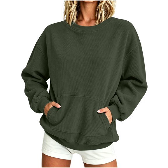 Ozmmyan Womens Corduroy Sweatshirt Crew Neck Long Sleeve Pullover Top with Kangaroo Pocket Solid Color Fall Winter Casual Sweatshirt