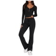 thumbnail image 1 of Conjunto de 2 piezas de manga larga para mujer: top con cuello en V y pantalones anchos, poliéster y spandex, tallas S-XL, 1 of 5