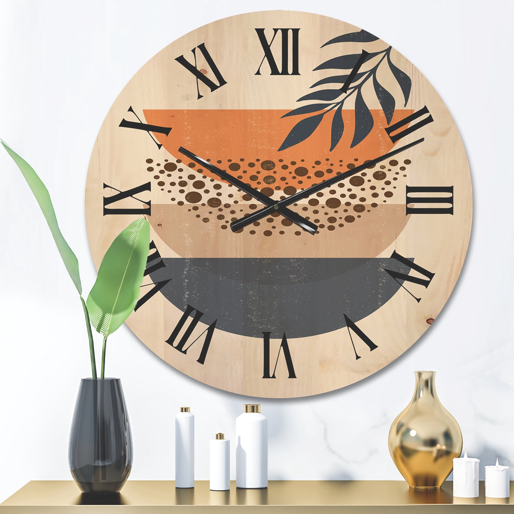 Designart 'Abstract Geometrical Moon and Sun With Leaf IV' Modern Wood Wall Clock