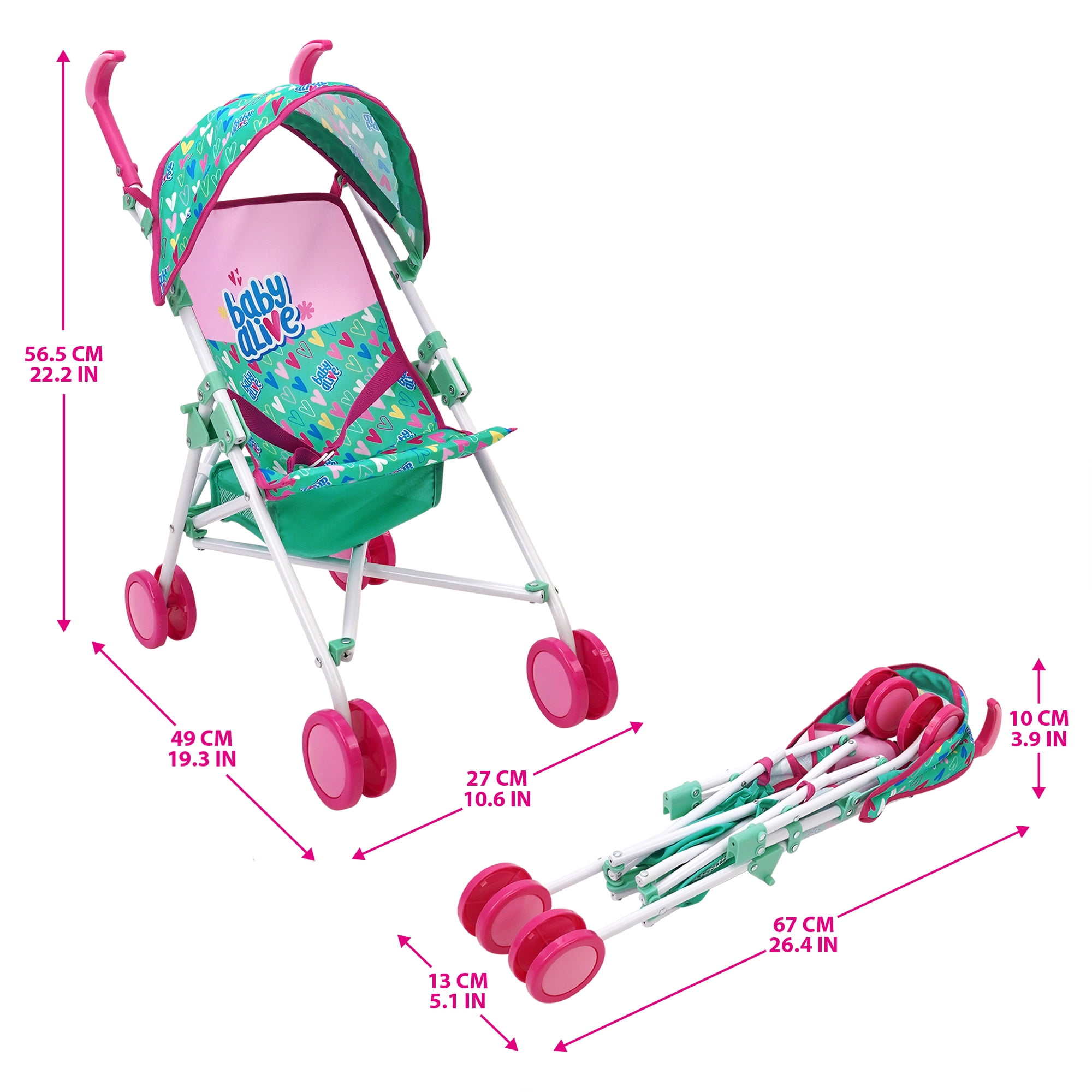 Baby Alive Doll Umbrella Stroller Green Pink Hearts Accessory For Dolls Up To 24