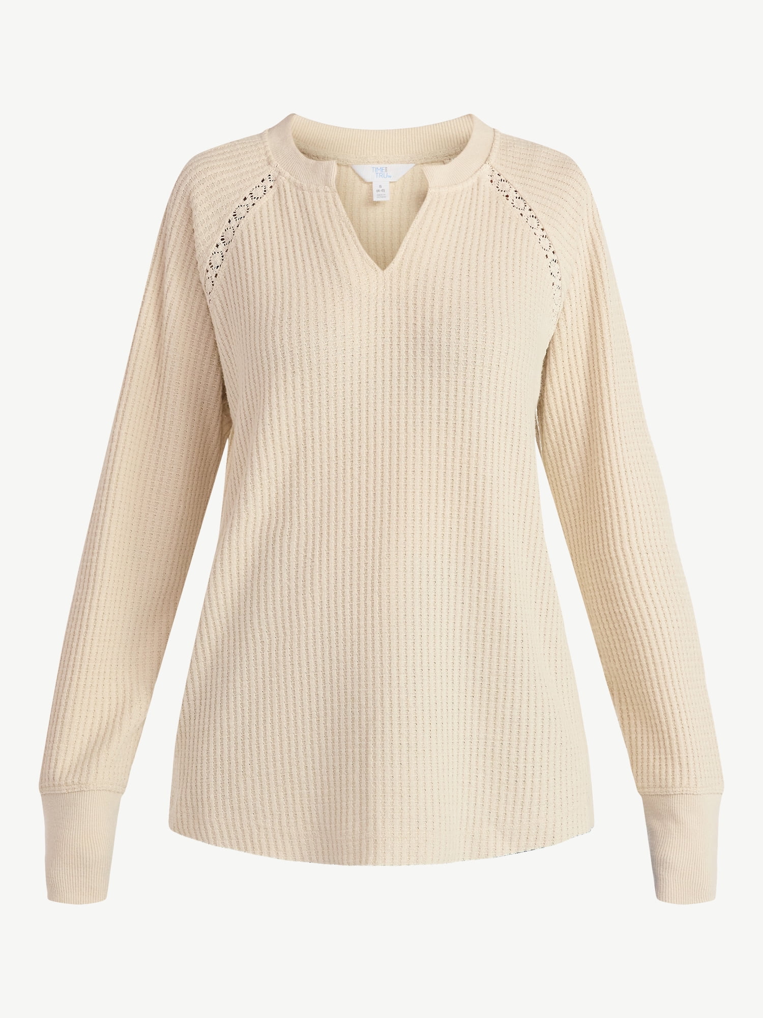 Time and Tru Women’s Notch Neck Waffle Top with Long Sleeves, Size XS-XXXL