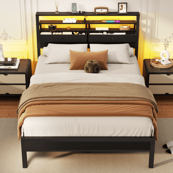 Satifur Full Size Bed Frame with 2 Storage Drawers Headboard, LED & Charging Station, Black Oak