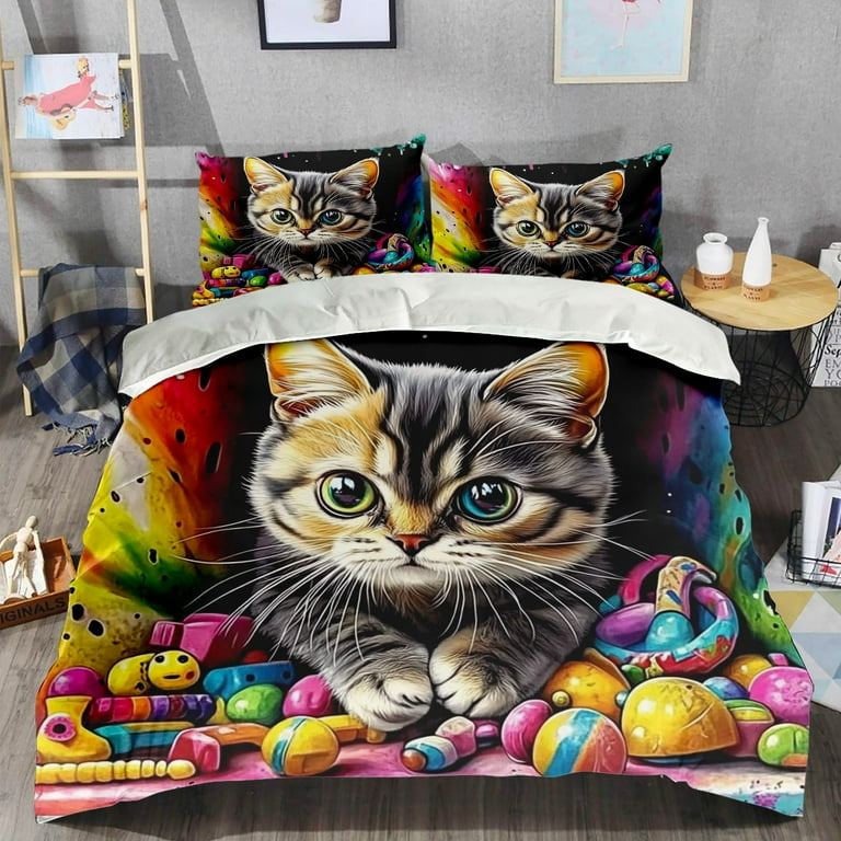 Cartoon Kawaii Cat Comforter Set Twin Size 3D Animals Flower