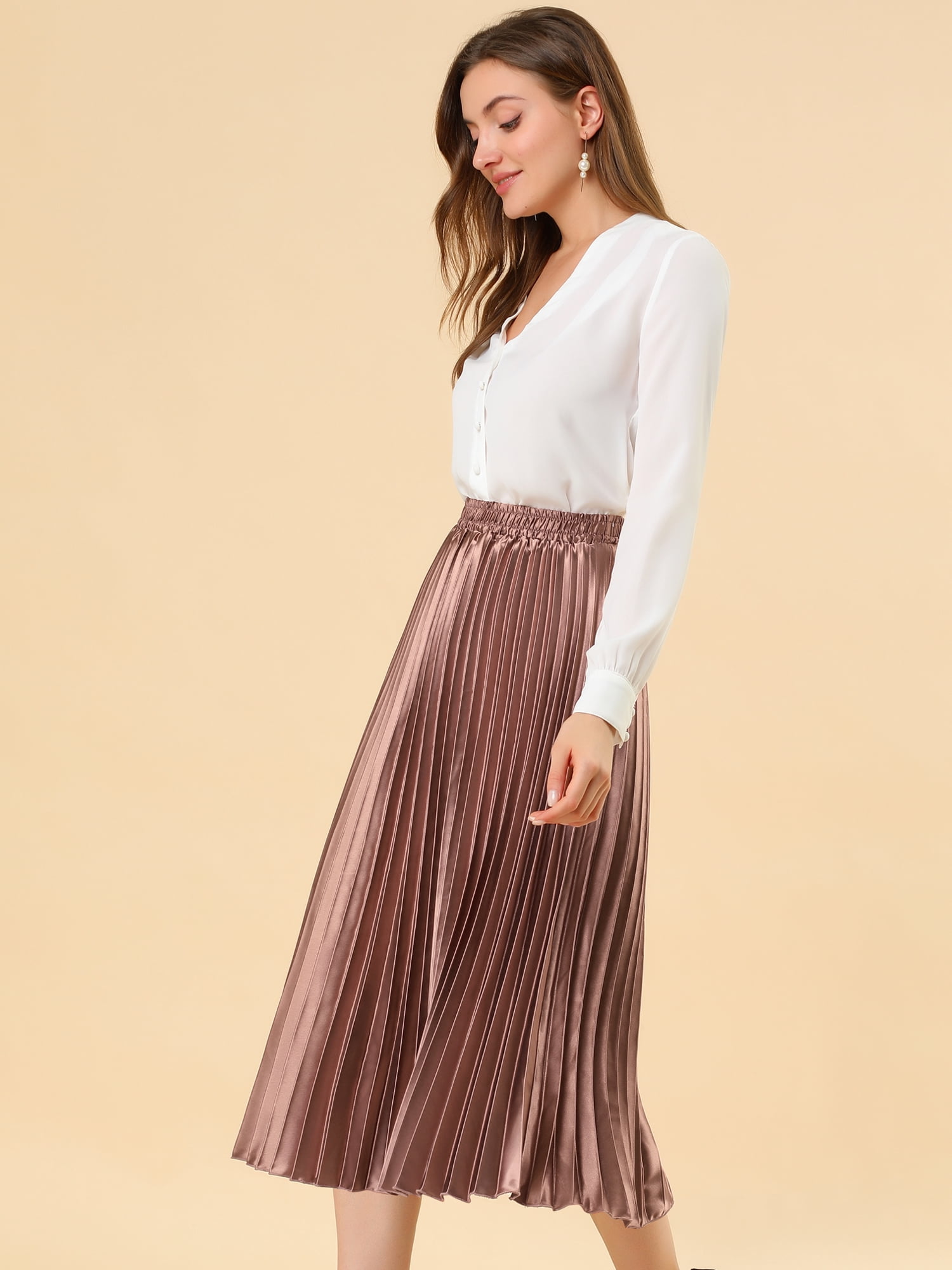 DARING DIVA Women's Midi Length Elastic High Waisted Pleated Skirt 2XL Copper