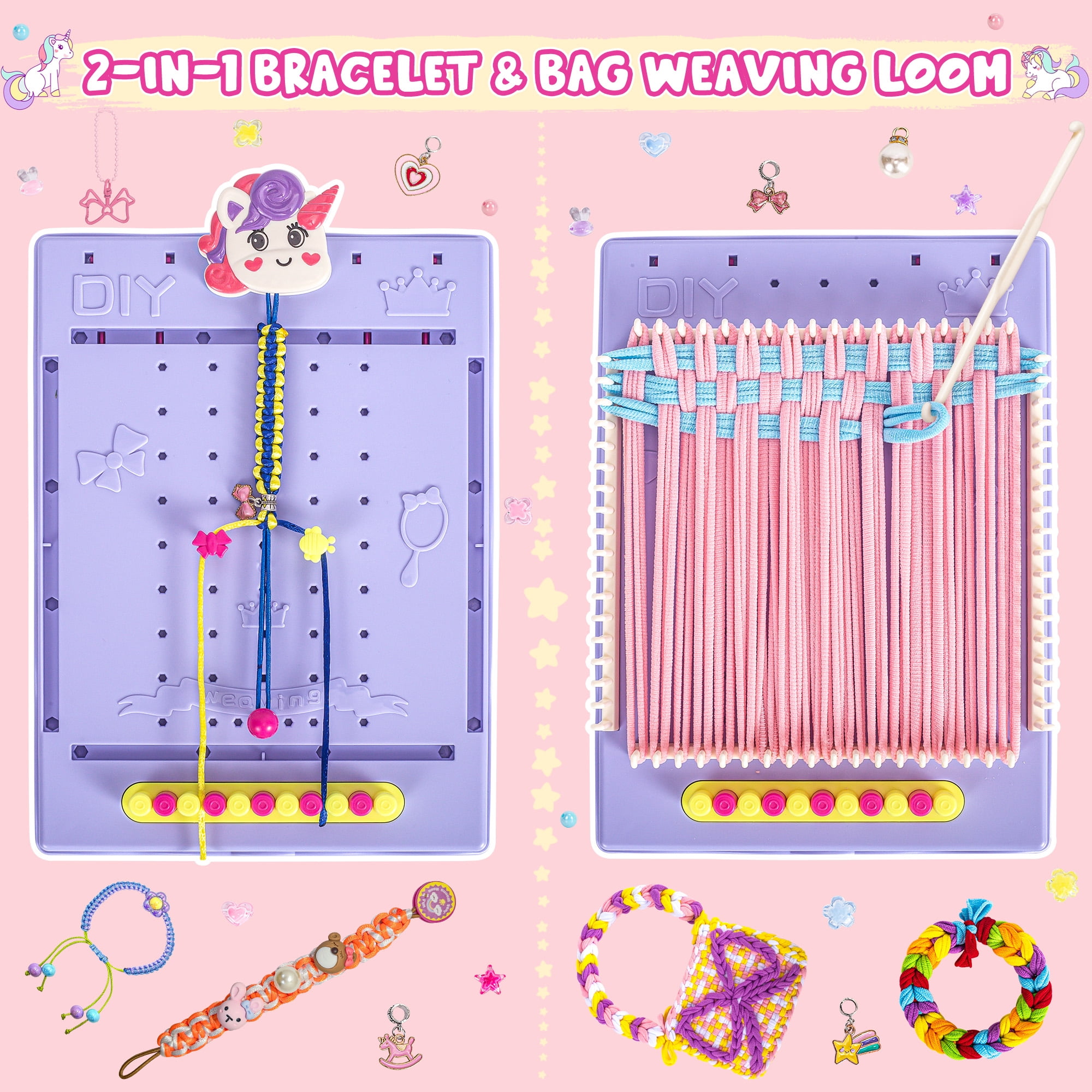 Unicorn 2-in-1 Friendship Bracelet Kit, Weaving Loom Toy for Kids, Crafts Kit for Girls age 6-12, Knitting Activity DIY Toys Birthday Gift for Girls Ages 6 to 12