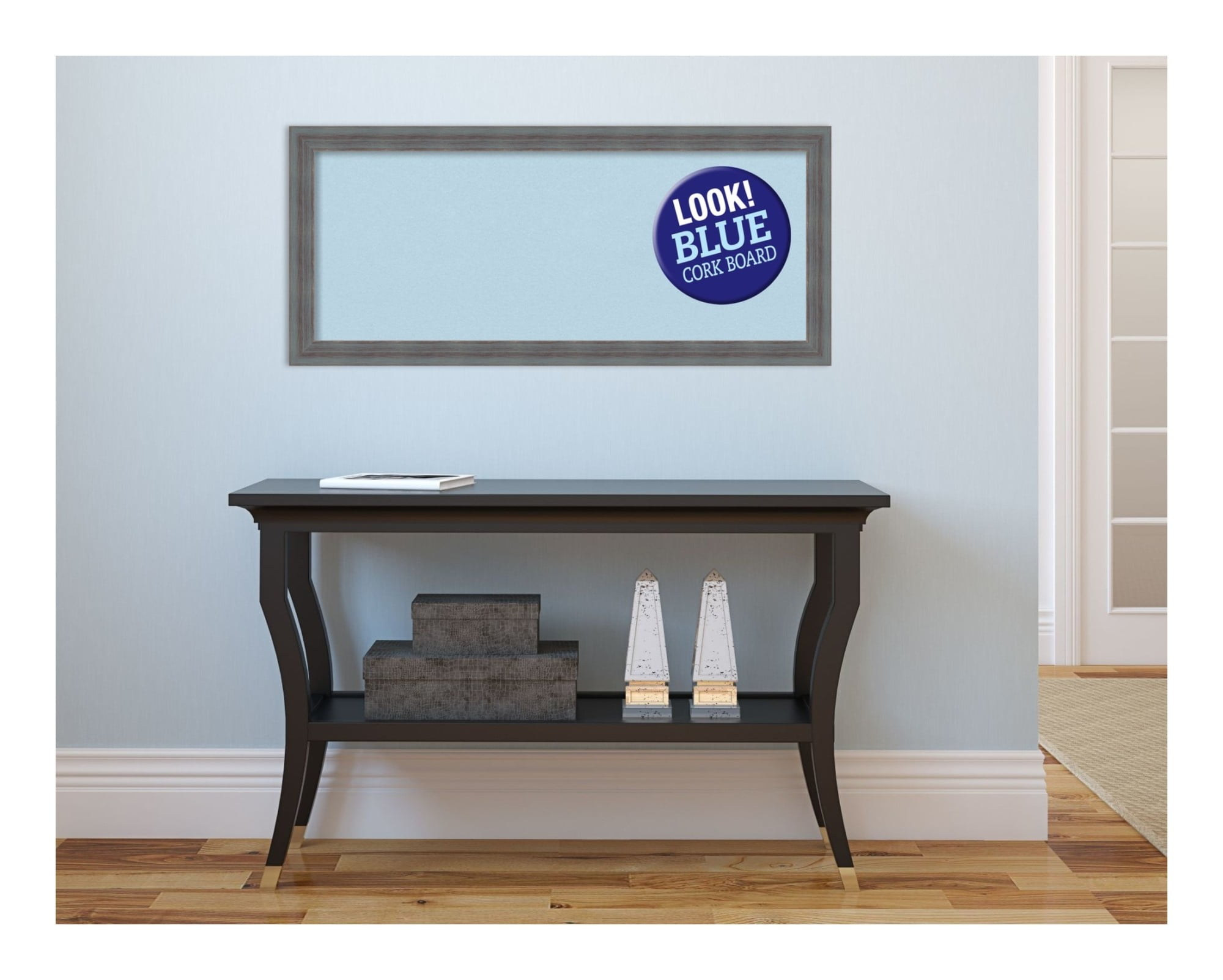 Amanti Art Grey Cork Board Wood Framed Dixie Blue Grey Rustic Bulletin Board 32 in. x 14 in.