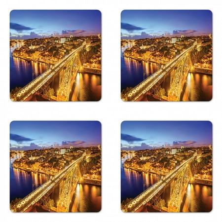 

City Coaster Set of 4 Porto Dom Luis Bridge at Night River Portuguese Coast Mediterranean View Square Hardboard Gloss Coasters Standard Size Apricot Violet Blue by Ambesonne