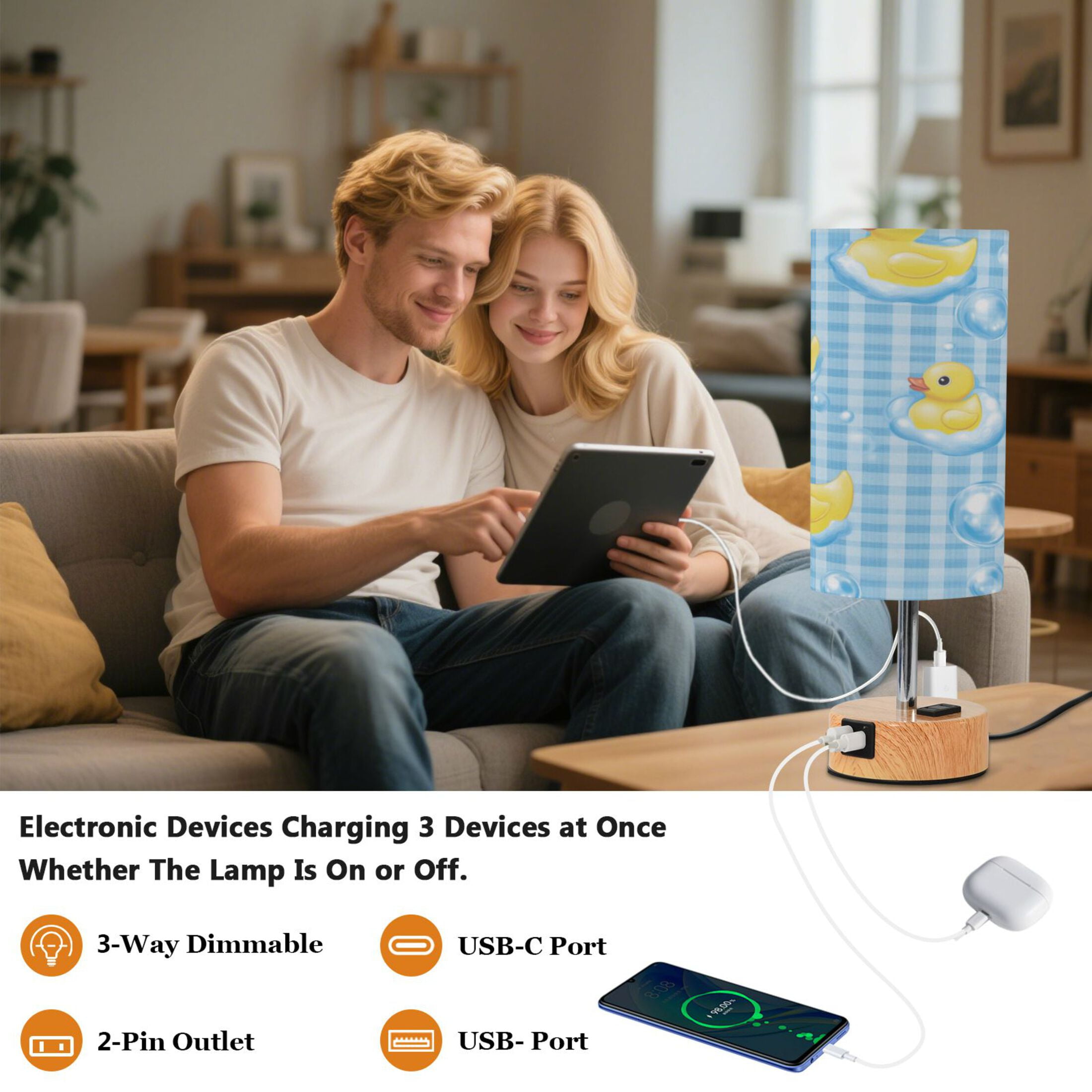Touch-Control 3-Color Desk Lamp with Plug – Energy-Saving LED + 3 Simultaneous Charging Ports Yellow Rubber Ducks